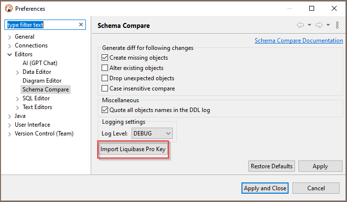 Schema compare import button