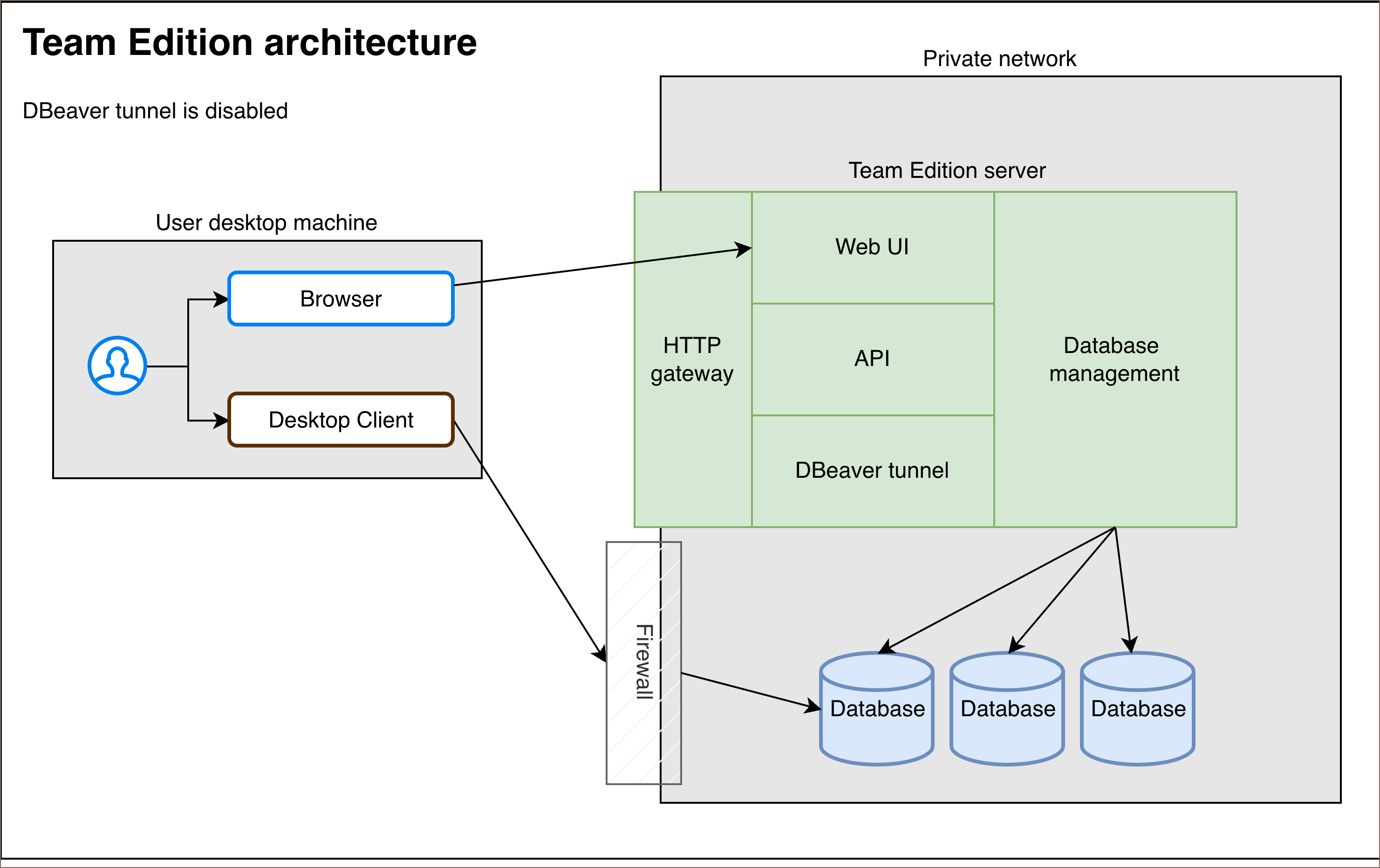 Web and desktop connection paths when DBeaver Database Tunnel is disabled