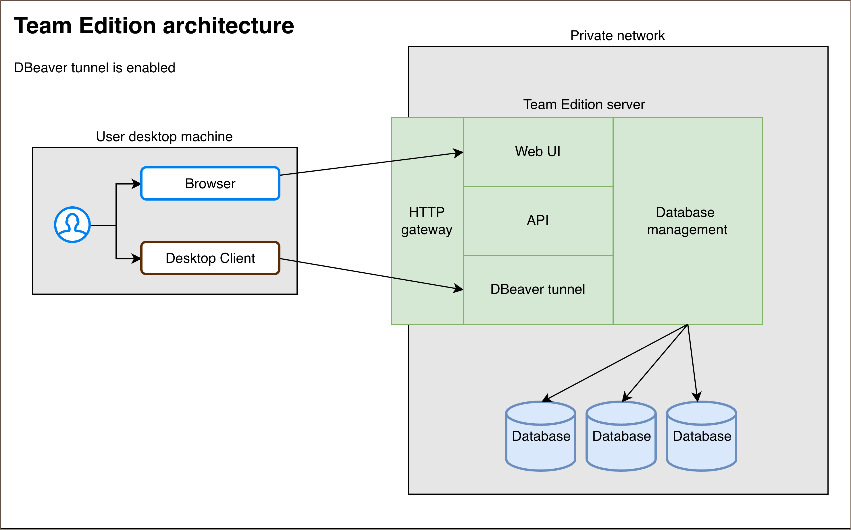 Web and desktop connection paths when DBeaver Database Tunnel is enabled