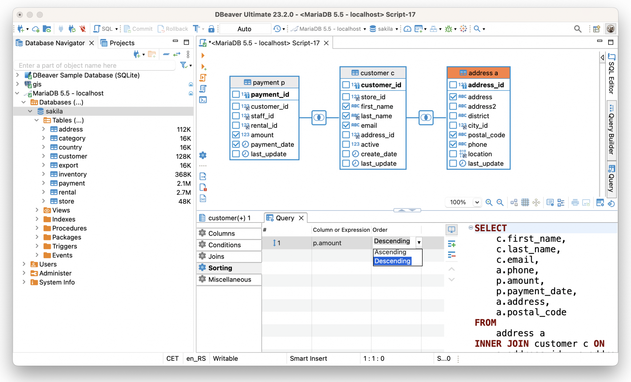 Two ways to use Visual Query Builder in DBeaver