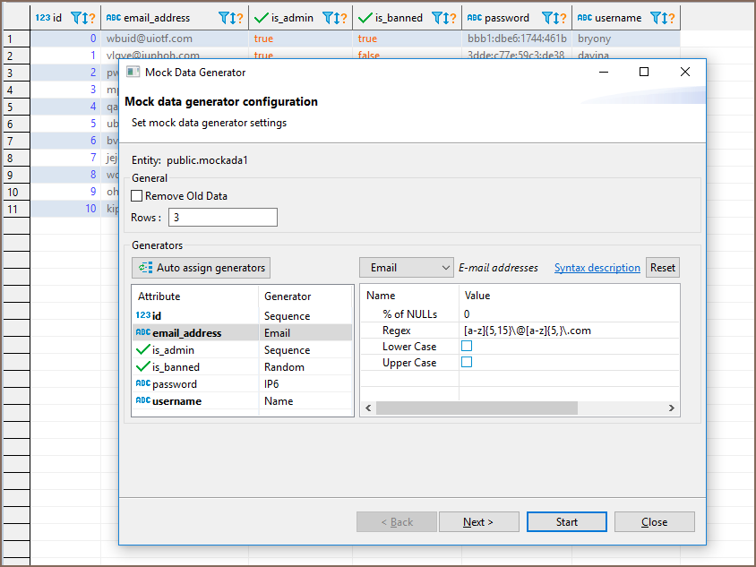 Создать таблицу в базе данных DBEAVER. Mock данные. Dbase пример. The Generator database.